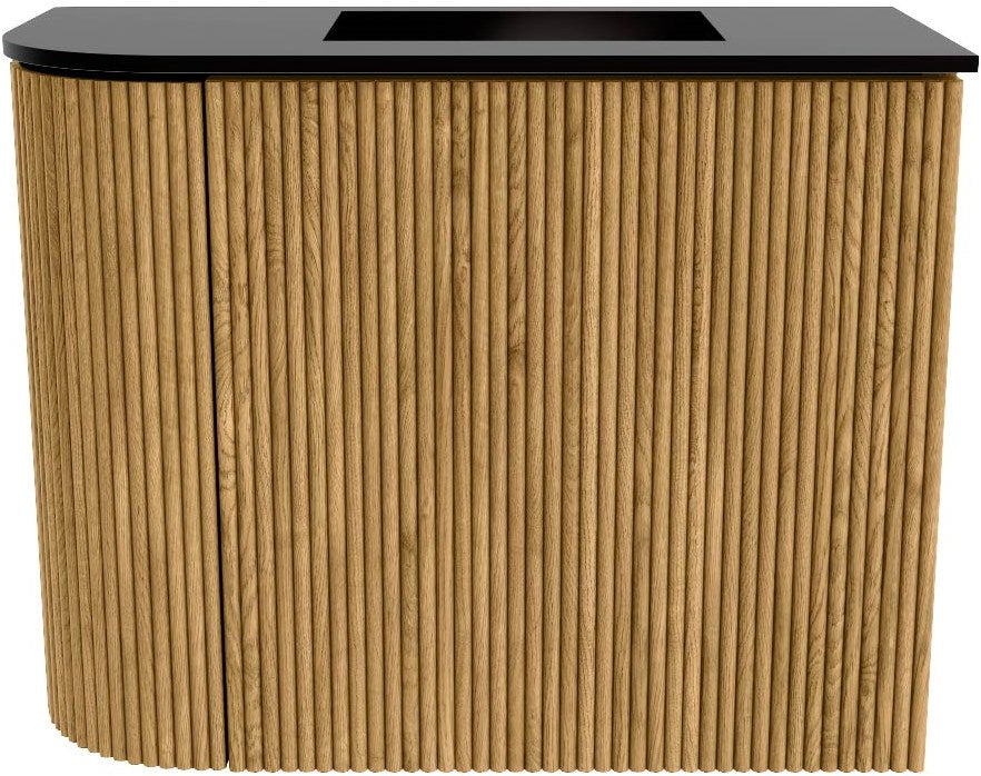 JOYA 51,6cm toiletmeubel ronding links kleur Oak. Wastafel FAYE positie Rechts 1 kraangat kleur Urban.