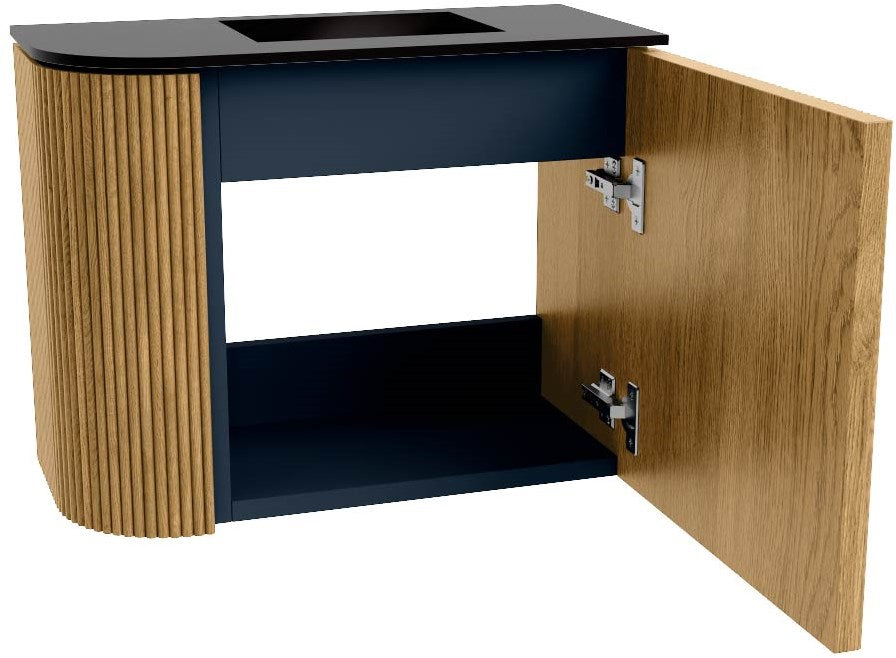 JOYA 51,6cm toiletmeubel ronding links kleur Oak. Wastafel FAYE positie Rechts 1 kraangat kleur Urban.