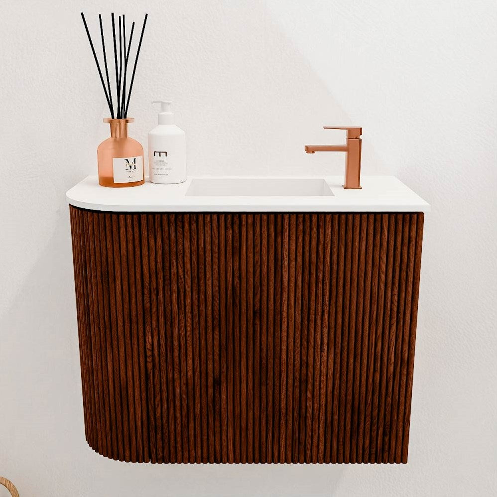 JOYA 51,6cm toiletmeubel ronding links kleur Ruby. Wastafel FAYE positie Rechts 1 kraangat kleur Talc.