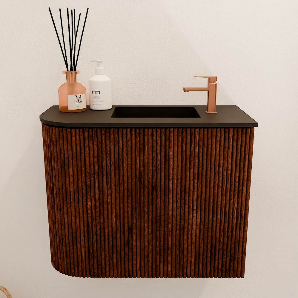 JOYA 51,6cm toiletmeubel ronding links kleur Ruby. Wastafel FAYE positie Rechts 1 kraangat kleur Urban.
