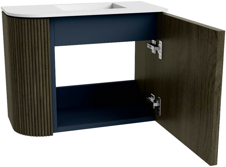 JOYA 51,6cm toiletmeubel ronding links kleur Shadow. Wastafel FAYE positie Rechts 1 kraangat kleur Talc.