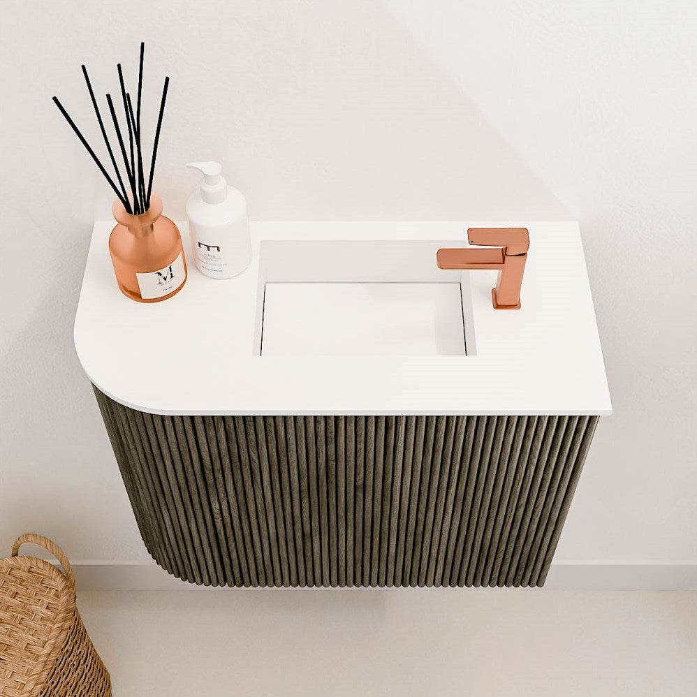 JOYA 51,6cm toiletmeubel ronding links kleur Shadow. Wastafel FAYE positie Rechts 1 kraangat kleur Talc.