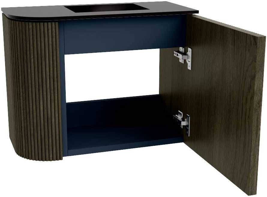 JOYA 51,6cm toiletmeubel ronding links kleur Shadow. Wastafel FAYE positie Rechts 1 kraangat kleur Urban.