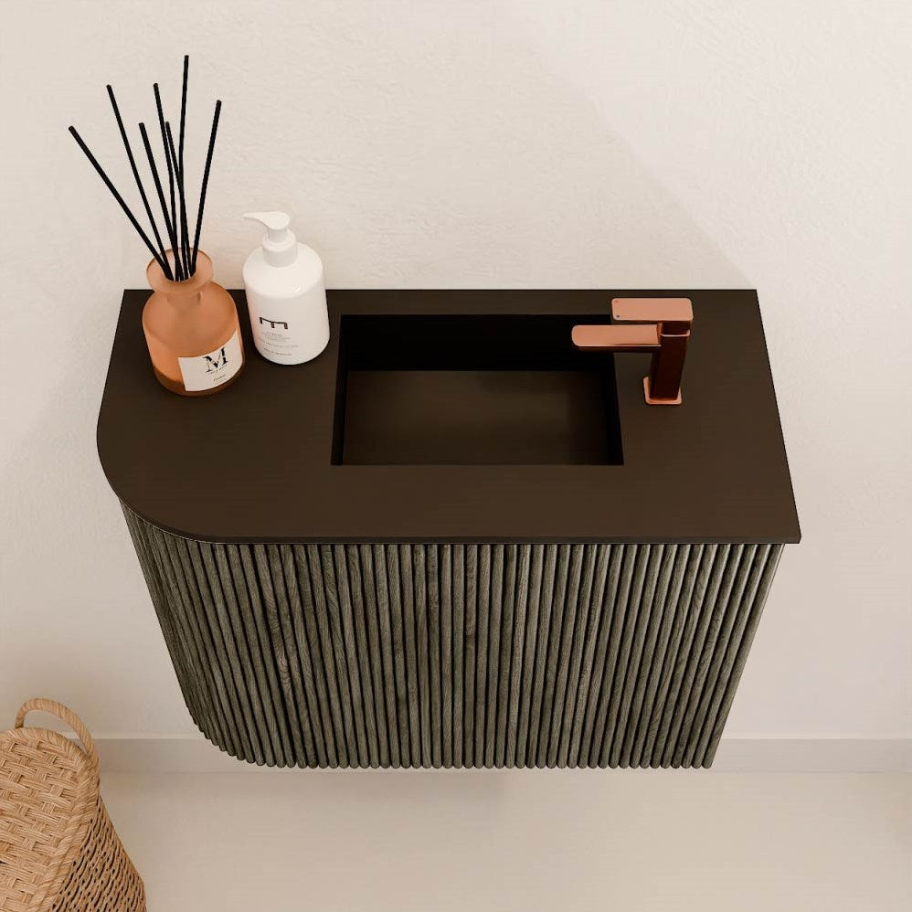 JOYA 51,6cm toiletmeubel ronding links kleur Shadow. Wastafel FAYE positie Rechts 1 kraangat kleur Urban.