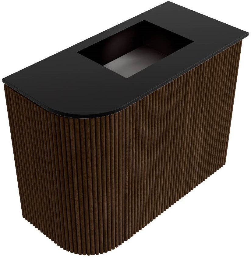 JOYA 51,6cm toiletmeubel ronding links kleur Walnut. Wastafel FAYE positie Rechts 1 kraangat kleur Urban.