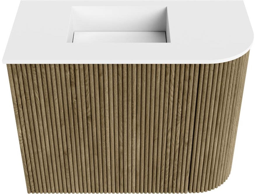 JOYA 51,6cm toiletmeubel ronding rechts kleur Dusk. Wastafel FAYE positie Links Zonder kraangat kleur Talc.