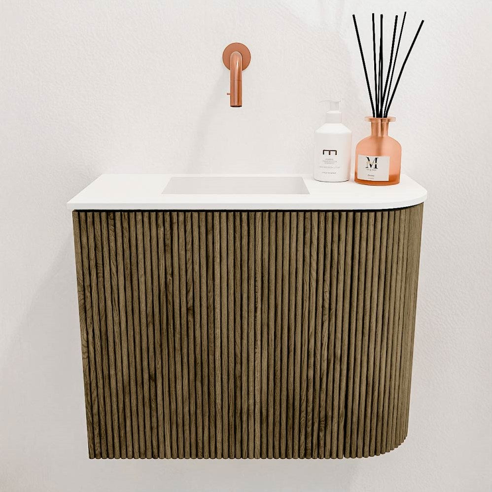 JOYA 51,6cm toiletmeubel ronding rechts kleur Dusk. Wastafel FAYE positie Links Zonder kraangat kleur Talc.