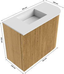 JOYA 51,6cm toiletmeubel ronding rechts kleur Oak. Wastafel FAYE positie Links Zonder kraangat kleur Urban.