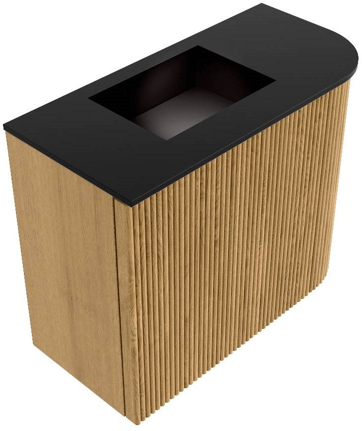 JOYA 51,6cm toiletmeubel ronding rechts kleur Oak. Wastafel FAYE positie Links Zonder kraangat kleur Urban.