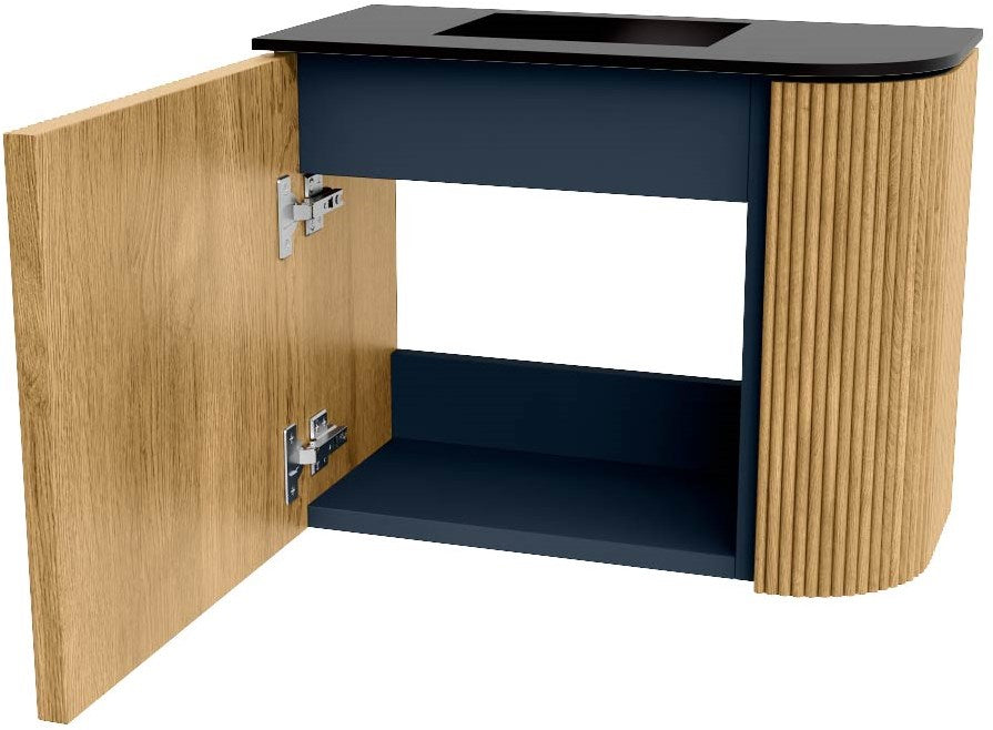 JOYA 51,6cm toiletmeubel ronding rechts kleur Oak. Wastafel FAYE positie Links Zonder kraangat kleur Urban.