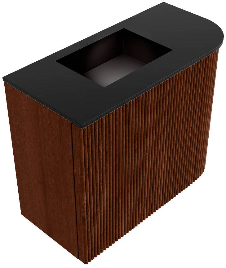 JOYA 51,6cm toiletmeubel ronding rechts kleur Ruby. Wastafel FAYE positie Links Zonder kraangat kleur Urban.
