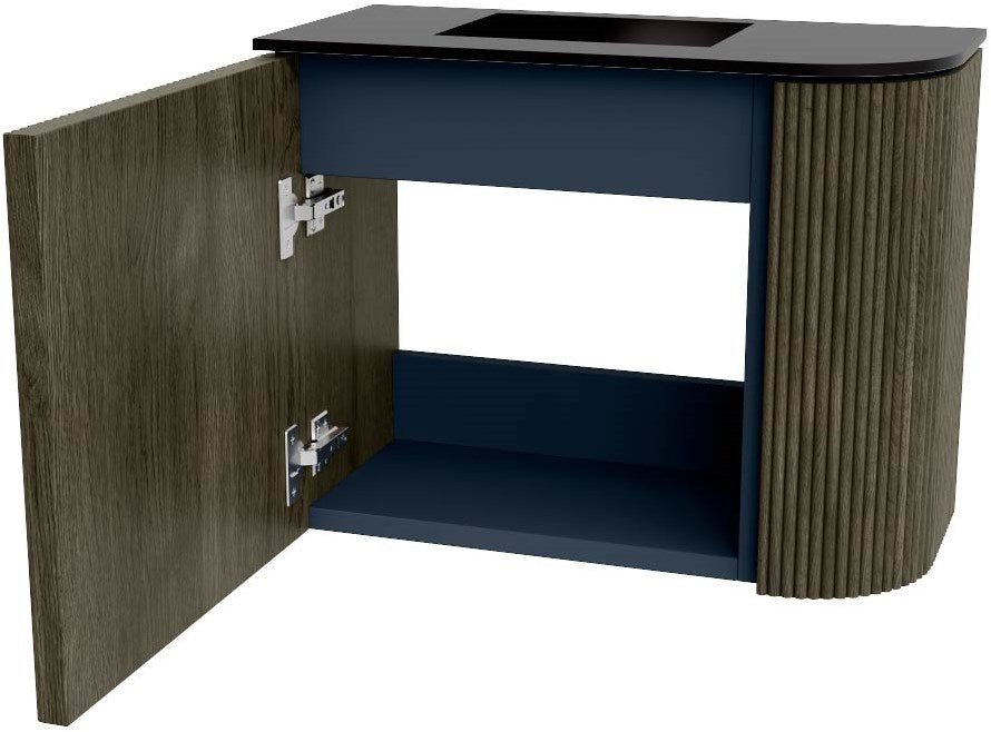 JOYA 51,6cm toiletmeubel ronding rechts kleur Shadow. Wastafel FAYE positie Links Zonder kraangat kleur Urban.