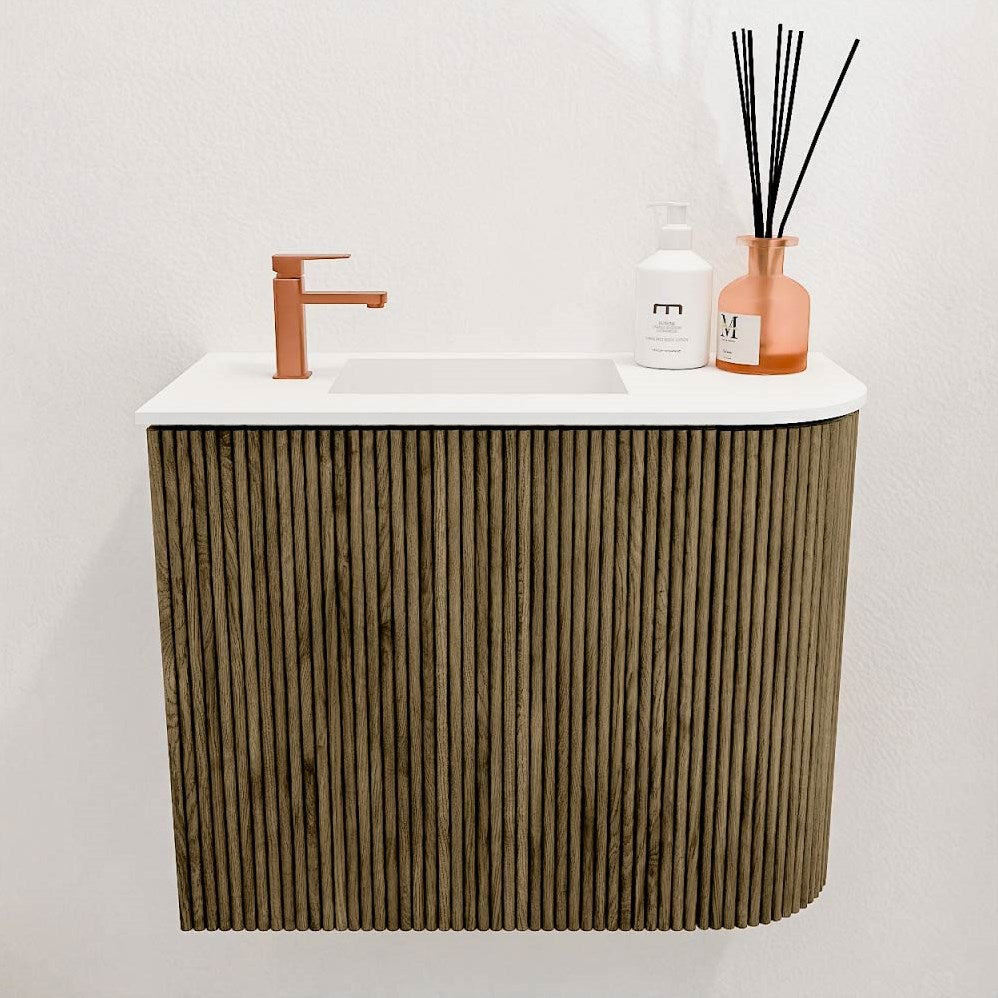 JOYA 51,6cm toiletmeubel ronding rechts kleur Dusk. Wastafel FAYE positie Links 1 kraangat kleur Talc.