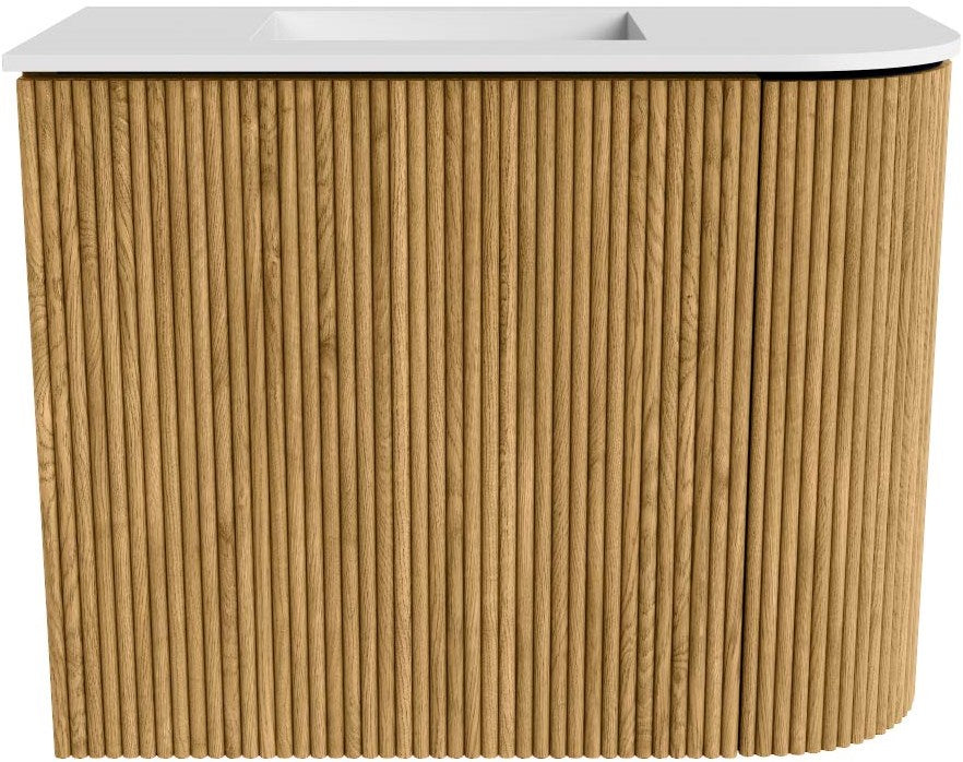 JOYA 51,6cm toiletmeubel ronding rechts kleur Oak. Wastafel FAYE positie Links 1 kraangat kleur Talc.
