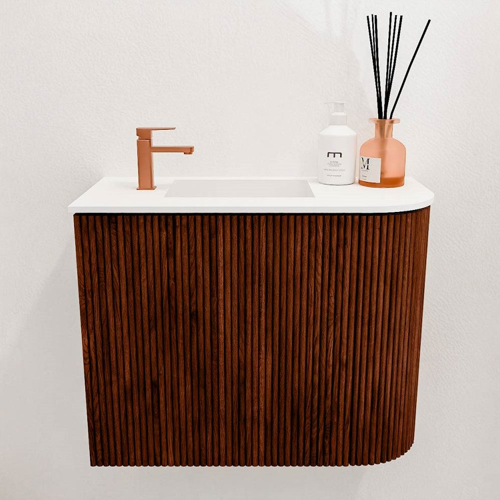 JOYA 51,6cm toiletmeubel ronding rechts kleur Ruby. Wastafel FAYE positie Links 1 kraangat kleur Talc.