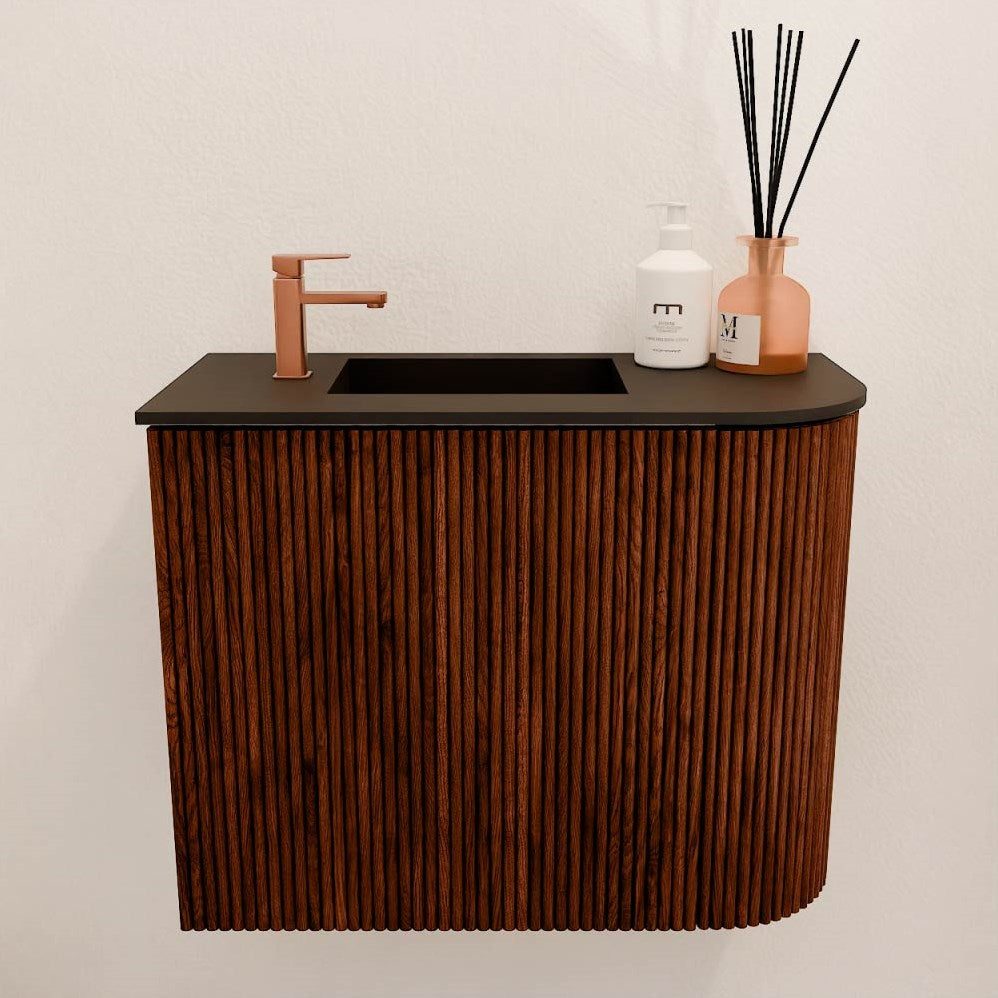 JOYA 51,6cm toiletmeubel ronding rechts kleur Ruby. Wastafel FAYE positie Links 1 kraangat kleur Urban.