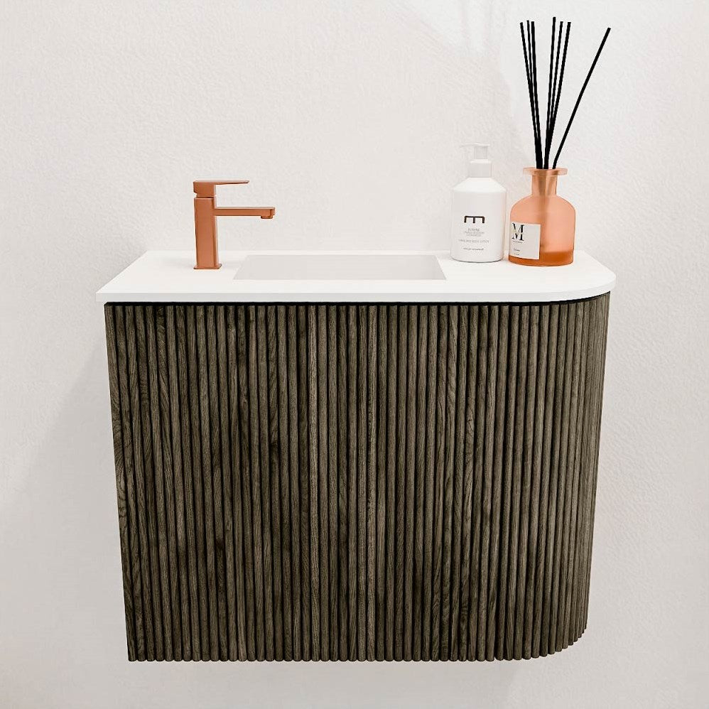 JOYA 51,6cm toiletmeubel ronding rechts kleur Shadow. Wastafel FAYE positie Links 1 kraangat kleur Talc.