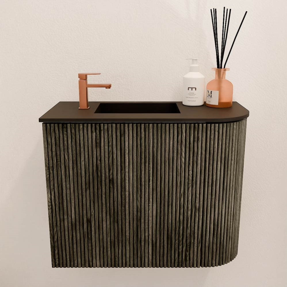JOYA 51,6cm toiletmeubel ronding rechts kleur Shadow. Wastafel FAYE positie Links 1 kraangat kleur Urban.