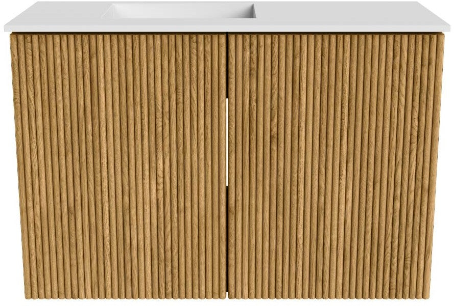 JOYA 60cm toiletmeubel kleur Oak. Wastafel FAYE positie Links Zonder kraangat kleur Talc.
