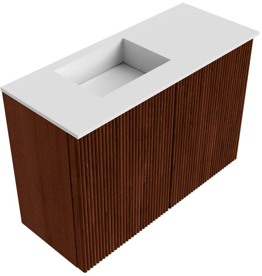 JOYA 60cm toiletmeubel kleur Ruby. Wastafel FAYE positie Links Zonder kraangat kleur Talc.