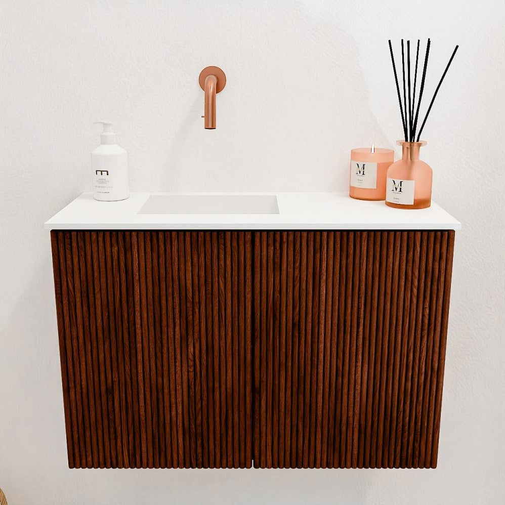 JOYA 60cm toiletmeubel kleur Ruby. Wastafel FAYE positie Links Zonder kraangat kleur Talc.