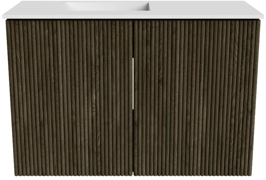 JOYA 60cm toiletmeubel kleur Shadow. Wastafel FAYE positie Links Zonder kraangat kleur Talc.