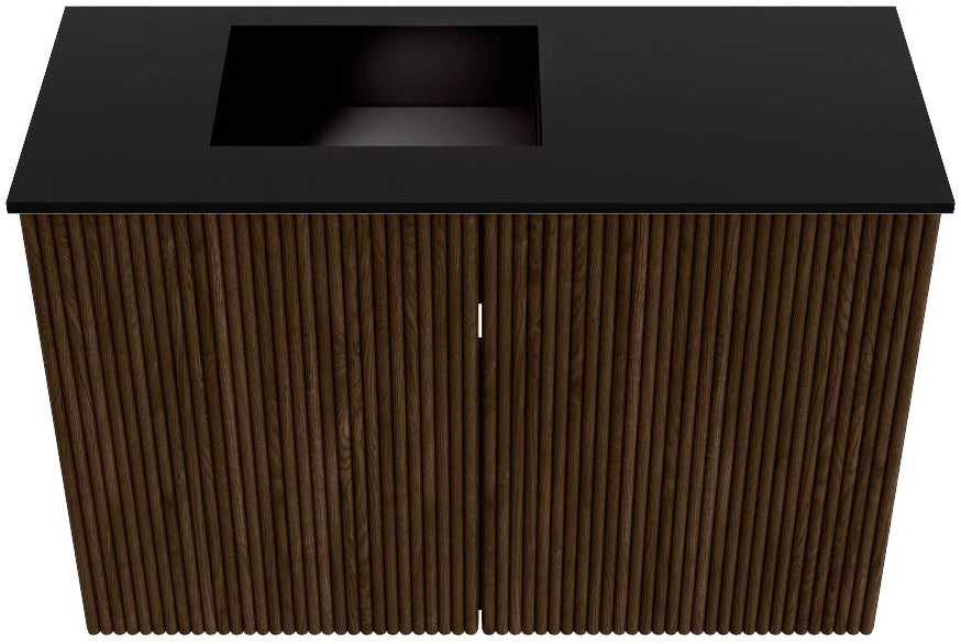 JOYA 60cm toiletmeubel kleur Walnut. Wastafel FAYE positie Links Zonder kraangat kleur Urban.