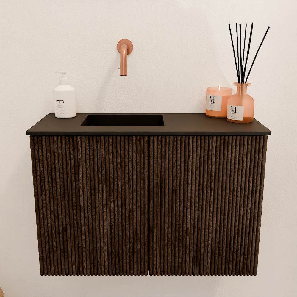 JOYA 60cm toiletmeubel kleur Walnut. Wastafel FAYE positie Links Zonder kraangat kleur Urban.