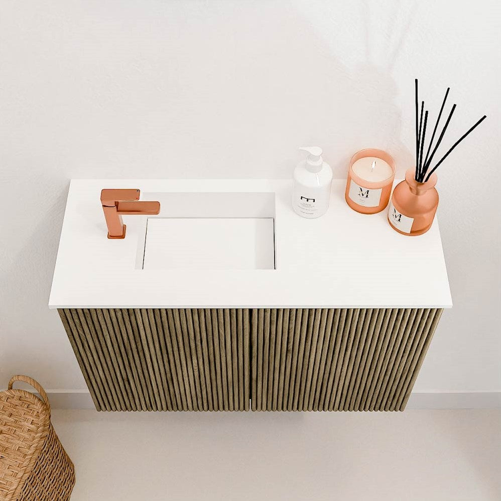JOYA 60cm toiletmeubel kleur Dusk. Wastafel FAYE positie Links 1 kraangat kleur Talc.