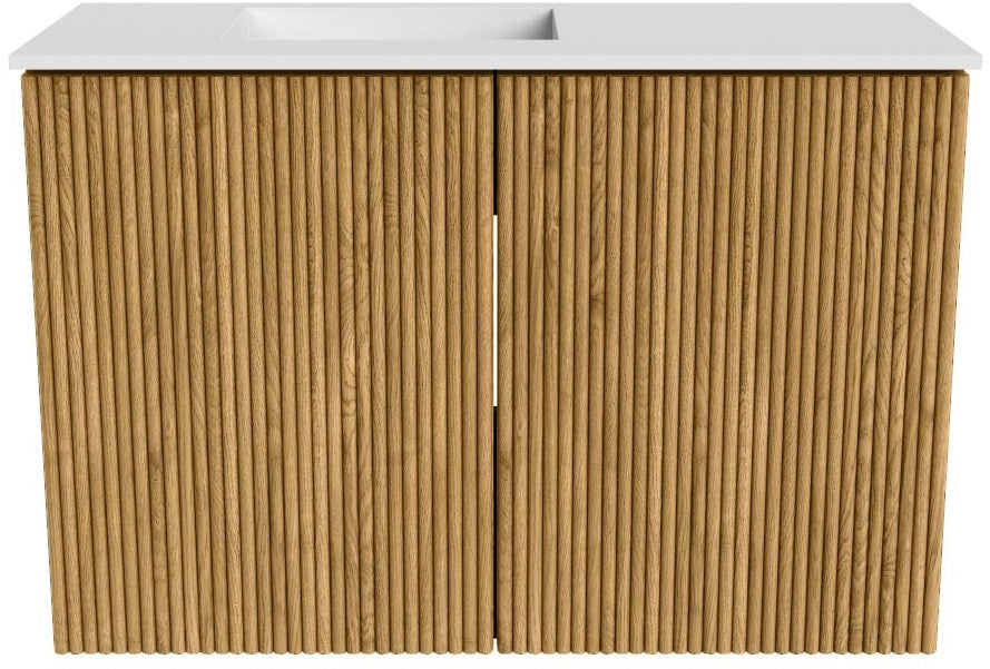 JOYA 60cm toiletmeubel kleur Oak. Wastafel FAYE positie Links 1 kraangat kleur Talc.