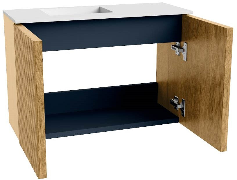 JOYA 60cm toiletmeubel kleur Oak. Wastafel FAYE positie Links 1 kraangat kleur Talc.