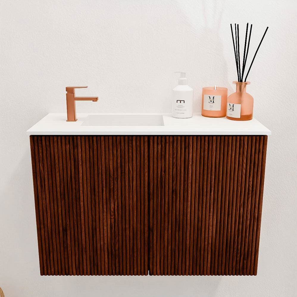 JOYA 60cm toiletmeubel kleur Ruby. Wastafel FAYE positie Links 1 kraangat kleur Talc.
