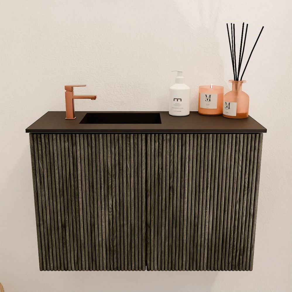 JOYA 60cm toiletmeubel kleur Shadow. Wastafel FAYE positie Links 1 kraangat kleur Urban.