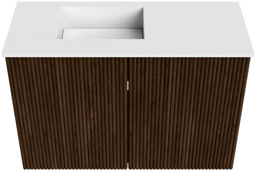 JOYA 60cm toiletmeubel kleur Walnut. Wastafel FAYE positie Links 1 kraangat kleur Talc.