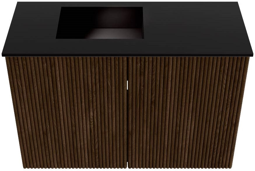 JOYA 60cm toiletmeubel kleur Walnut. Wastafel FAYE positie Links 1 kraangat kleur Urban.