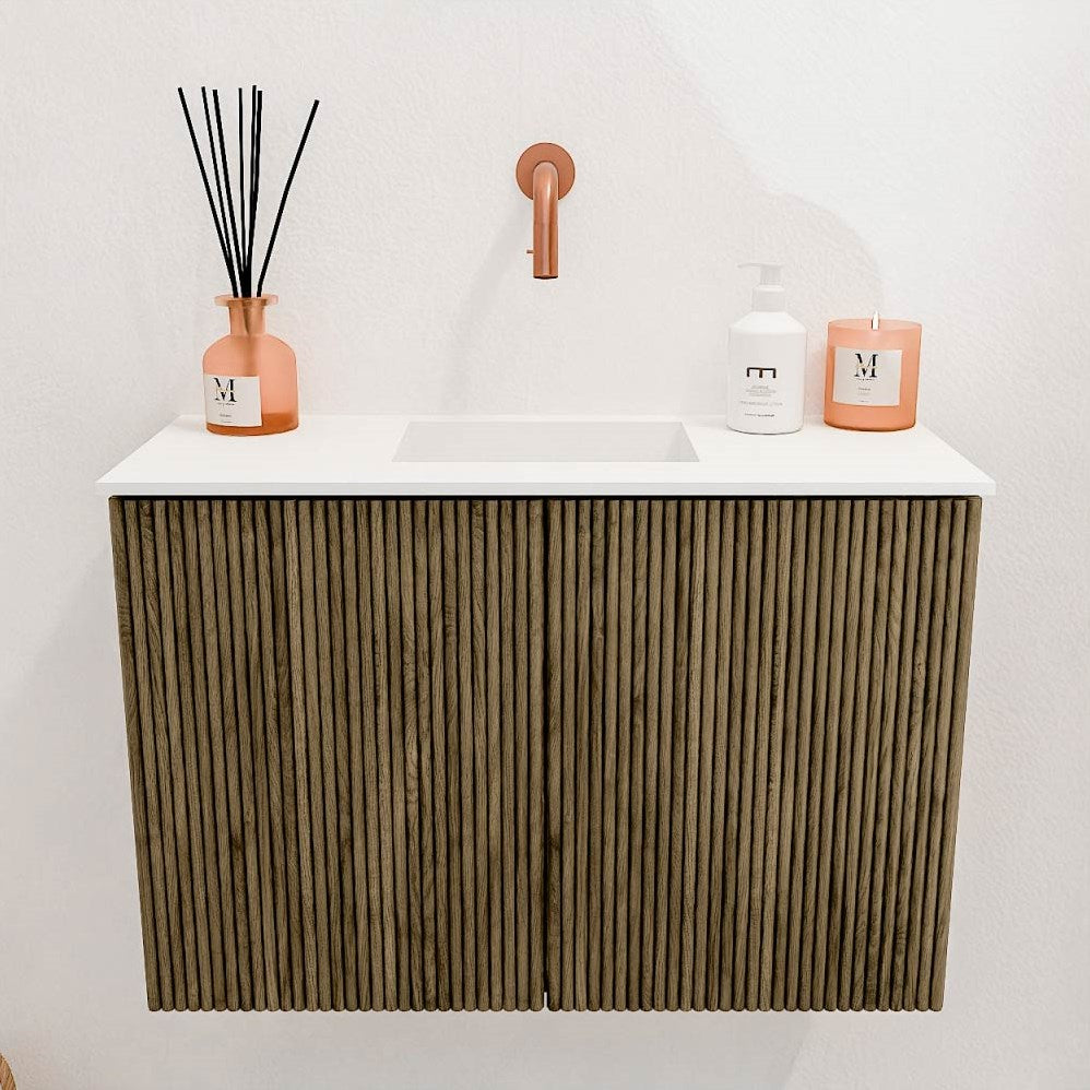 JOYA 60cm toiletmeubel kleur Dusk. Wastafel FAYE positie Midden Zonder kraangat kleur Talc.