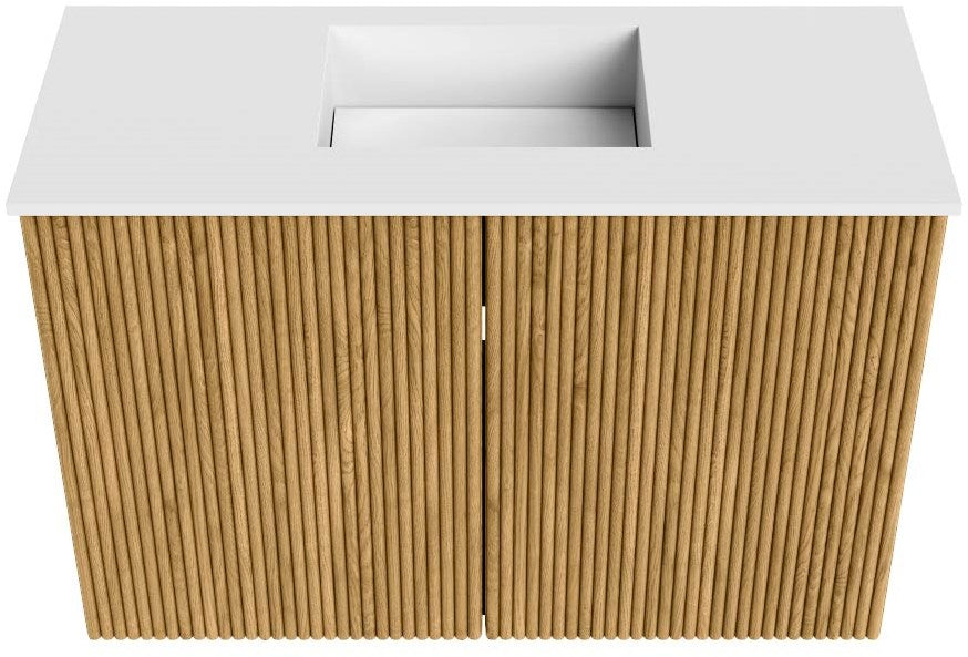 JOYA 60cm toiletmeubel kleur Oak. Wastafel FAYE positie Midden Zonder kraangat kleur Talc.
