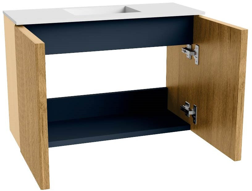 JOYA 60cm toiletmeubel kleur Oak. Wastafel FAYE positie Midden Zonder kraangat kleur Talc.