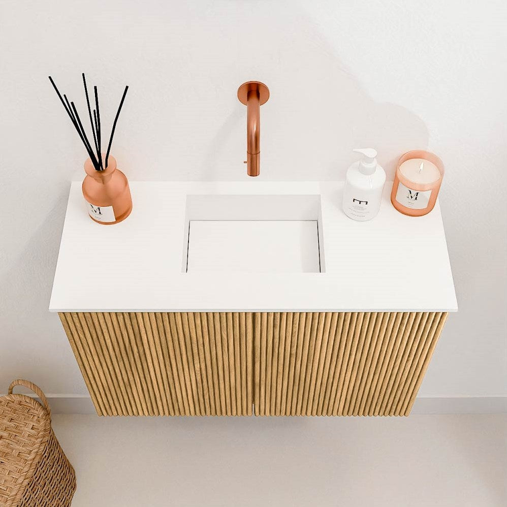 JOYA 60cm toiletmeubel kleur Oak. Wastafel FAYE positie Midden Zonder kraangat kleur Talc.