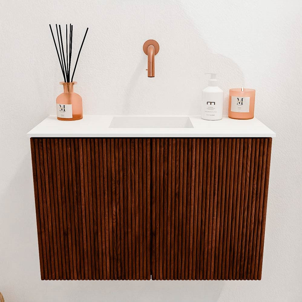 JOYA 60cm toiletmeubel kleur Ruby. Wastafel FAYE positie Midden Zonder kraangat kleur Talc.