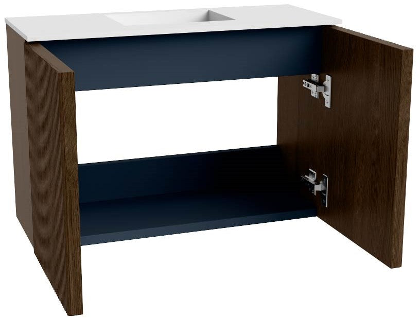 JOYA 60cm toiletmeubel kleur Walnut. Wastafel FAYE positie Midden Zonder kraangat kleur Talc.