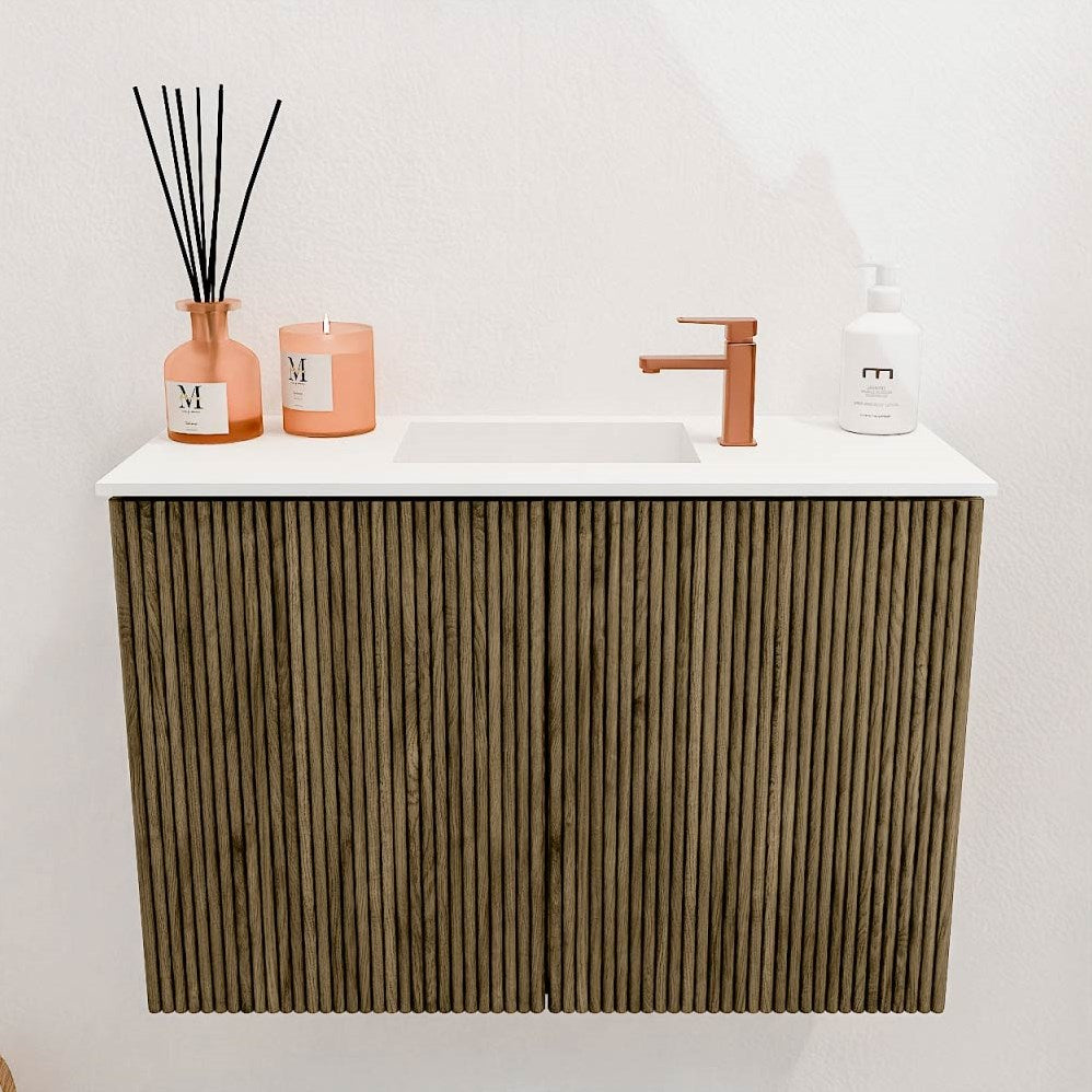 JOYA 60cm toiletmeubel kleur Dusk. Wastafel FAYE positie Midden 1 kraangat kleur Talc.