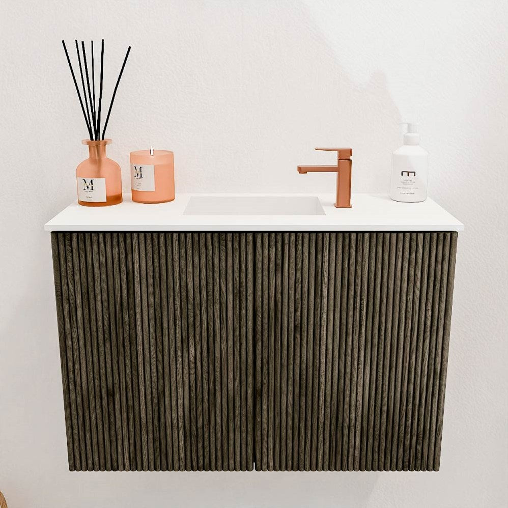 JOYA 60cm toiletmeubel kleur Shadow. Wastafel FAYE positie Midden 1 kraangat kleur Talc.