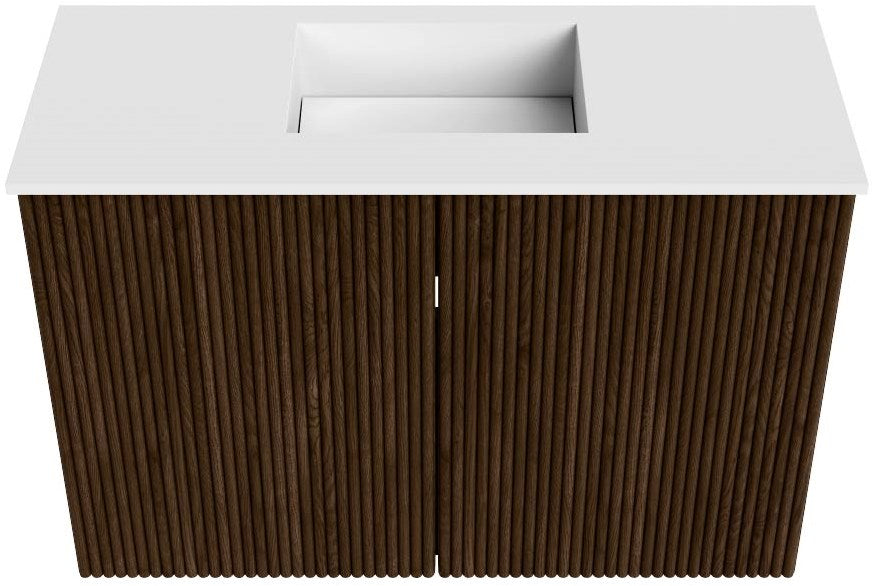 JOYA 60cm toiletmeubel kleur Walnut. Wastafel FAYE positie Midden 1 kraangat kleur Talc.