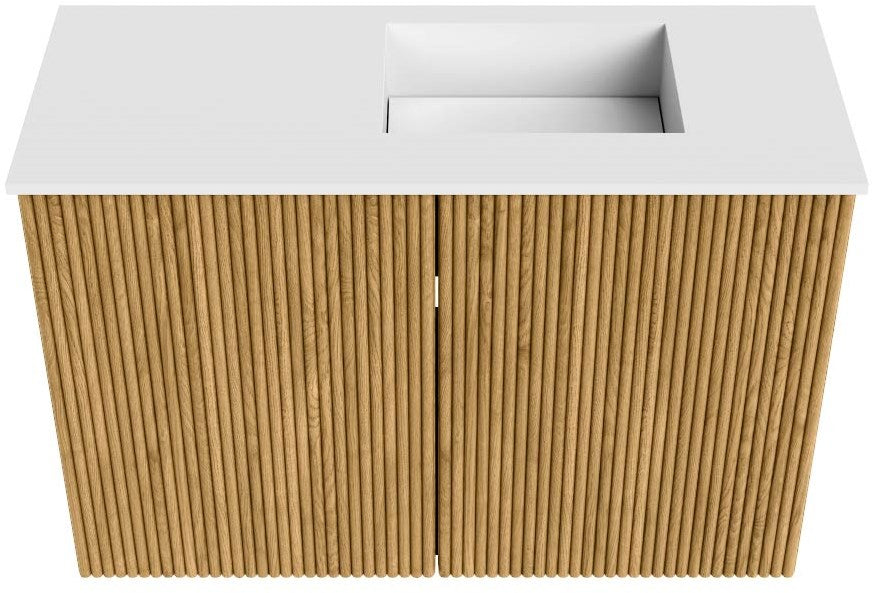 JOYA 60cm toiletmeubel kleur Oak. Wastafel FAYE positie Rechts Zonder kraangat kleur Talc.