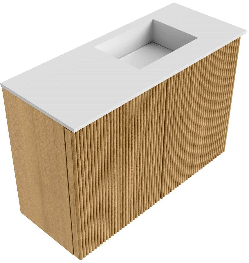 JOYA 60cm toiletmeubel kleur Oak. Wastafel FAYE positie Rechts Zonder kraangat kleur Talc.