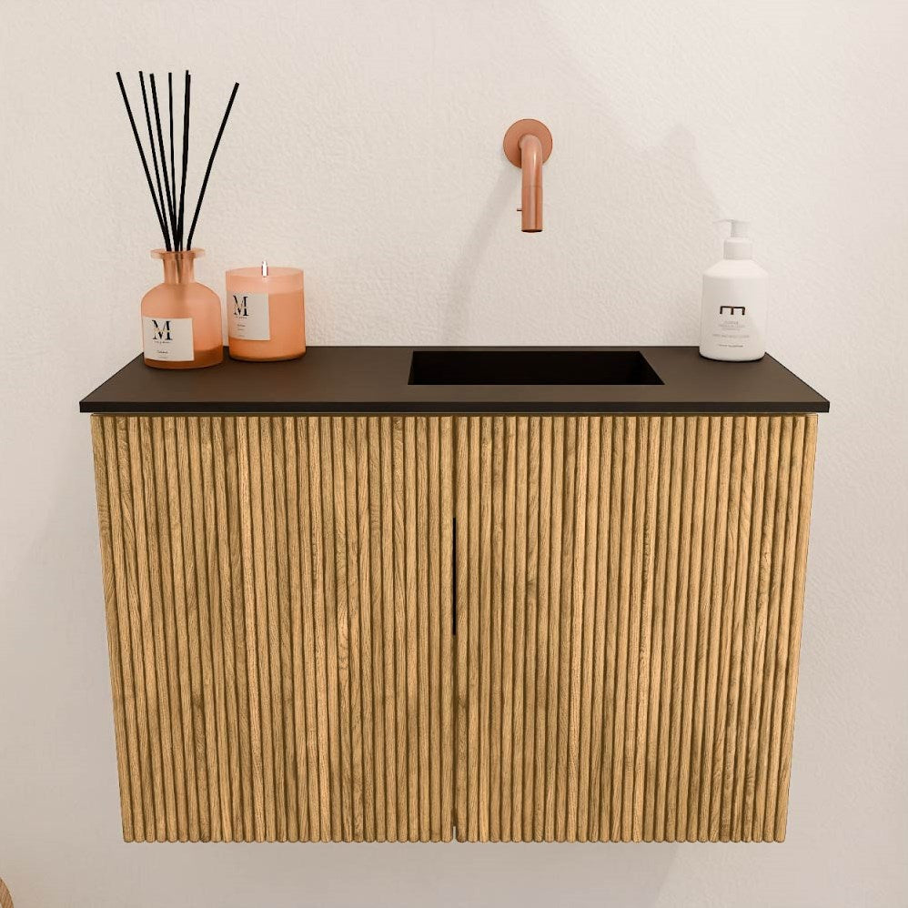 JOYA 60cm toiletmeubel kleur Oak. Wastafel FAYE positie Rechts Zonder kraangat kleur Urban.