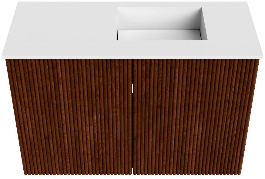 JOYA 60cm toiletmeubel kleur Ruby. Wastafel FAYE positie Rechts Zonder kraangat kleur Talc.