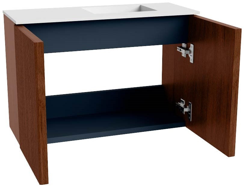 JOYA 60cm toiletmeubel kleur Ruby. Wastafel FAYE positie Rechts Zonder kraangat kleur Talc.