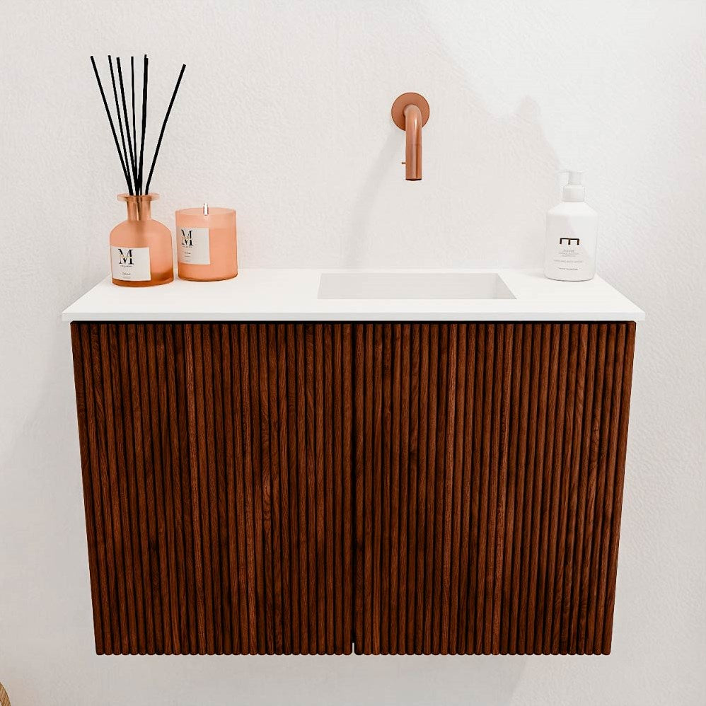JOYA 60cm toiletmeubel kleur Ruby. Wastafel FAYE positie Rechts Zonder kraangat kleur Talc.